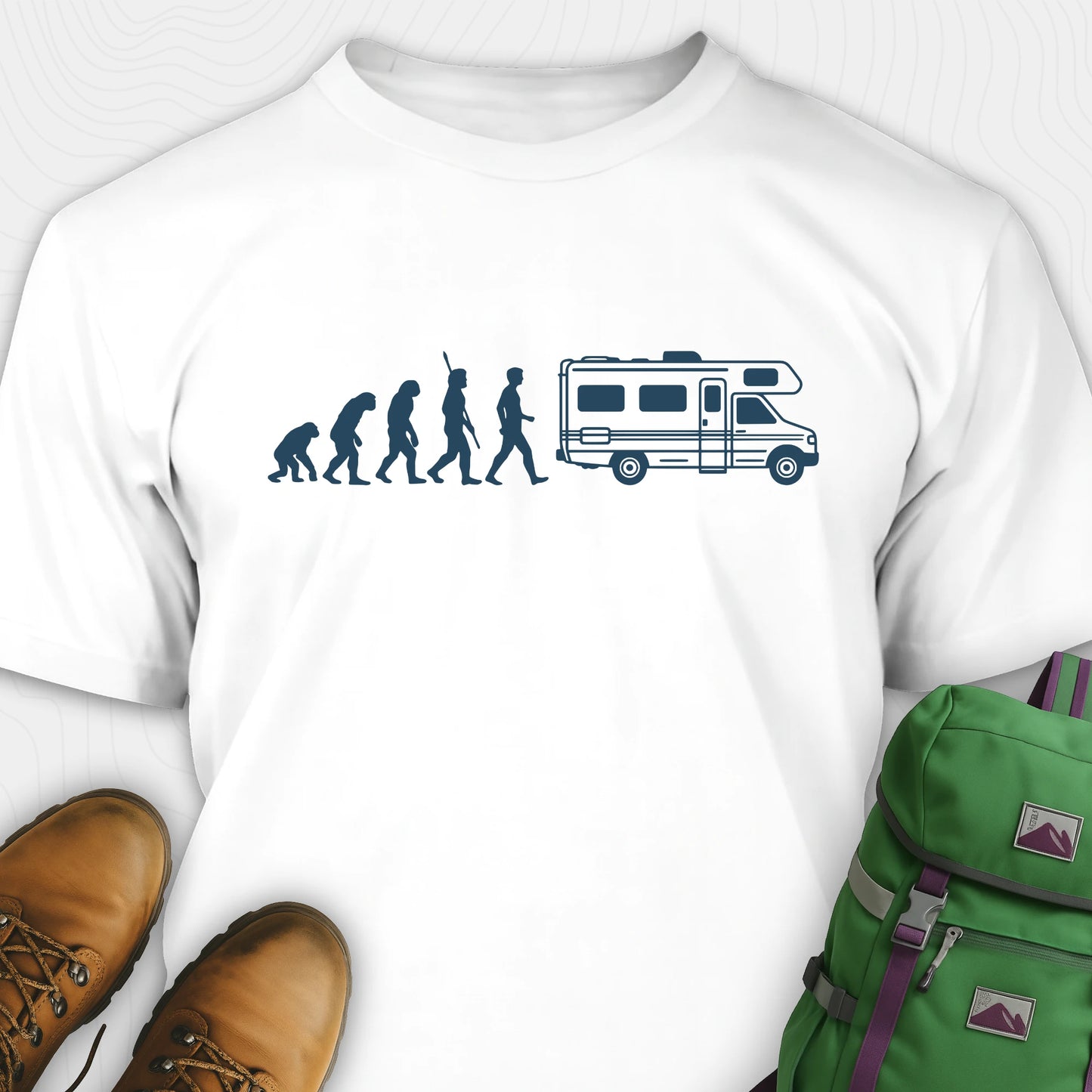 White evolution shirt featuring human to rv silhouette graphic