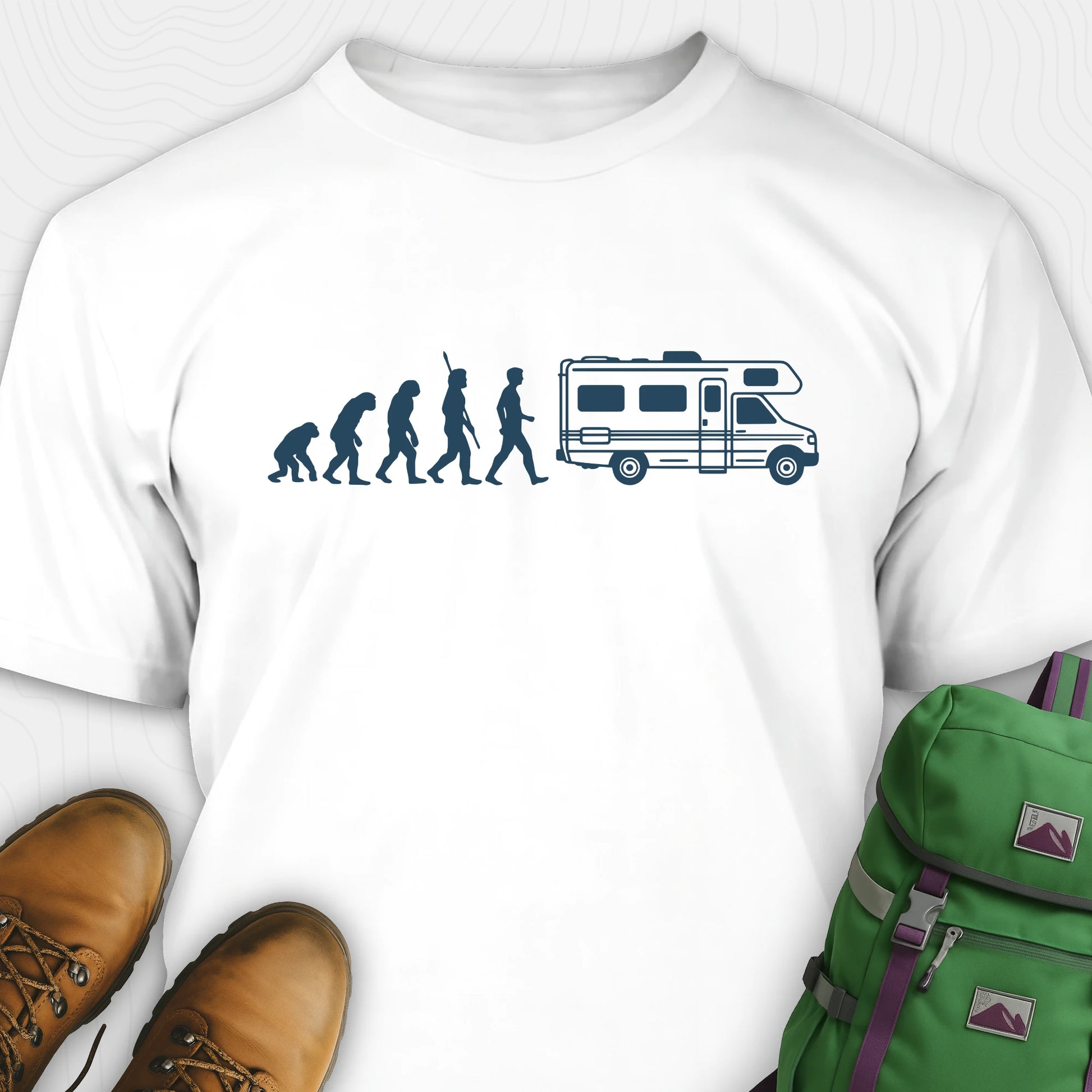 White evolution shirt featuring human to rv silhouette graphic