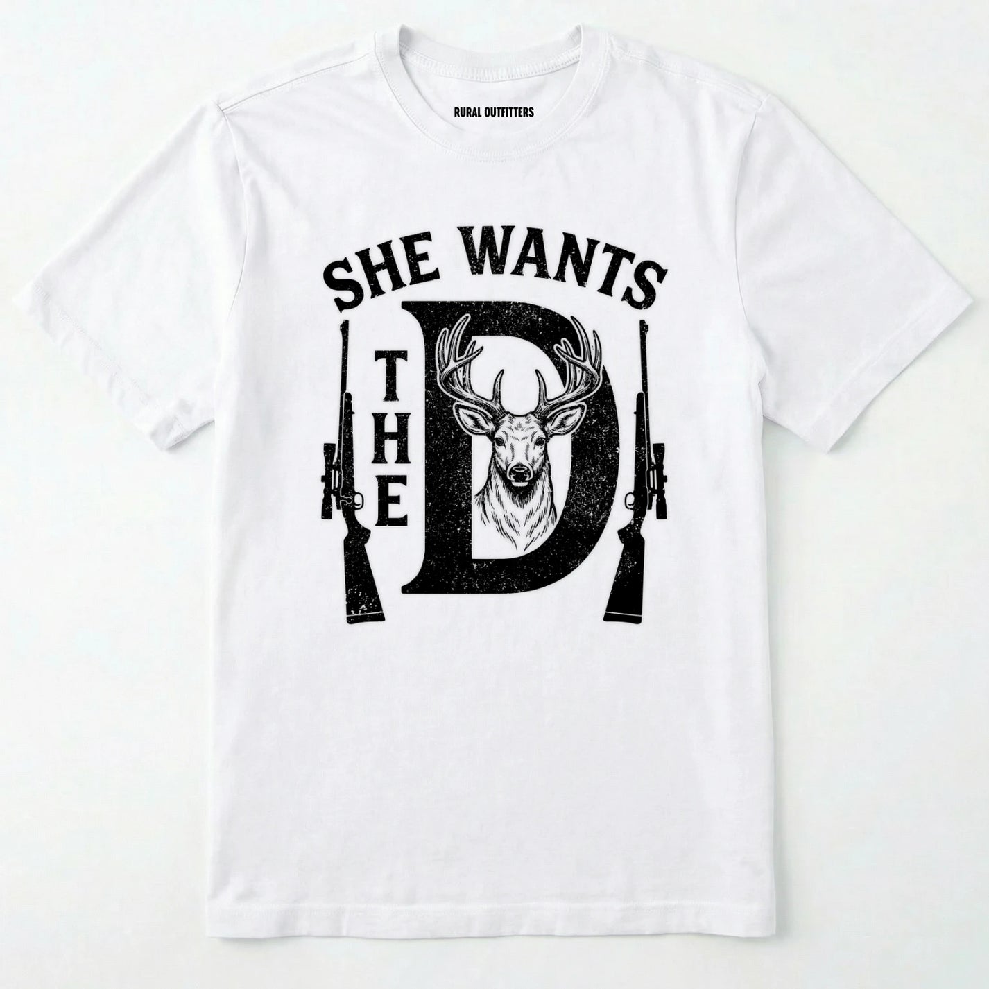 White t-shirt with black graphic design featuring a deer and text on a white background