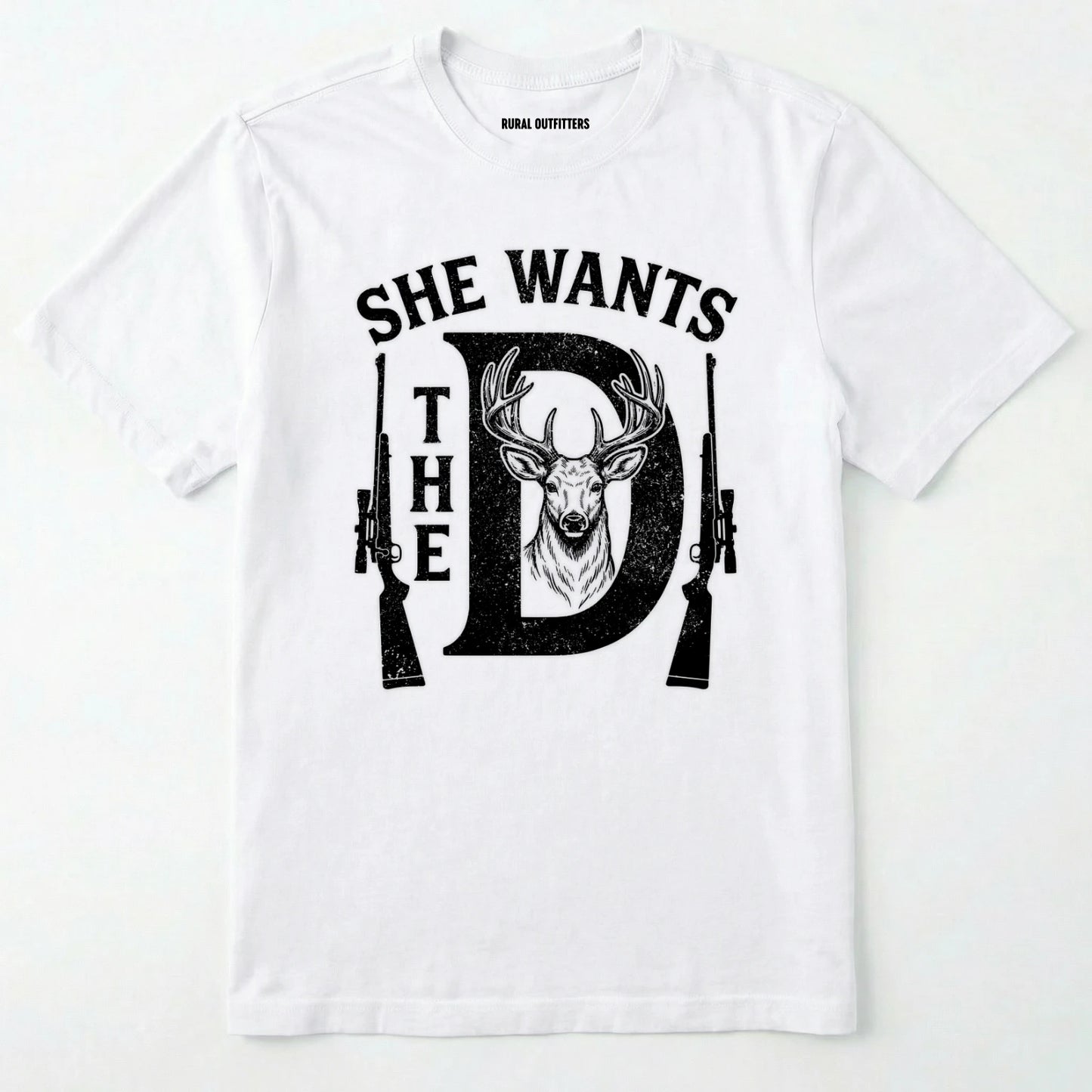 White t-shirt with black graphic design featuring a deer and text on a white background