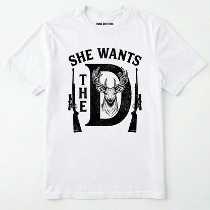 White t-shirt with black graphic design featuring a deer and text on a white background