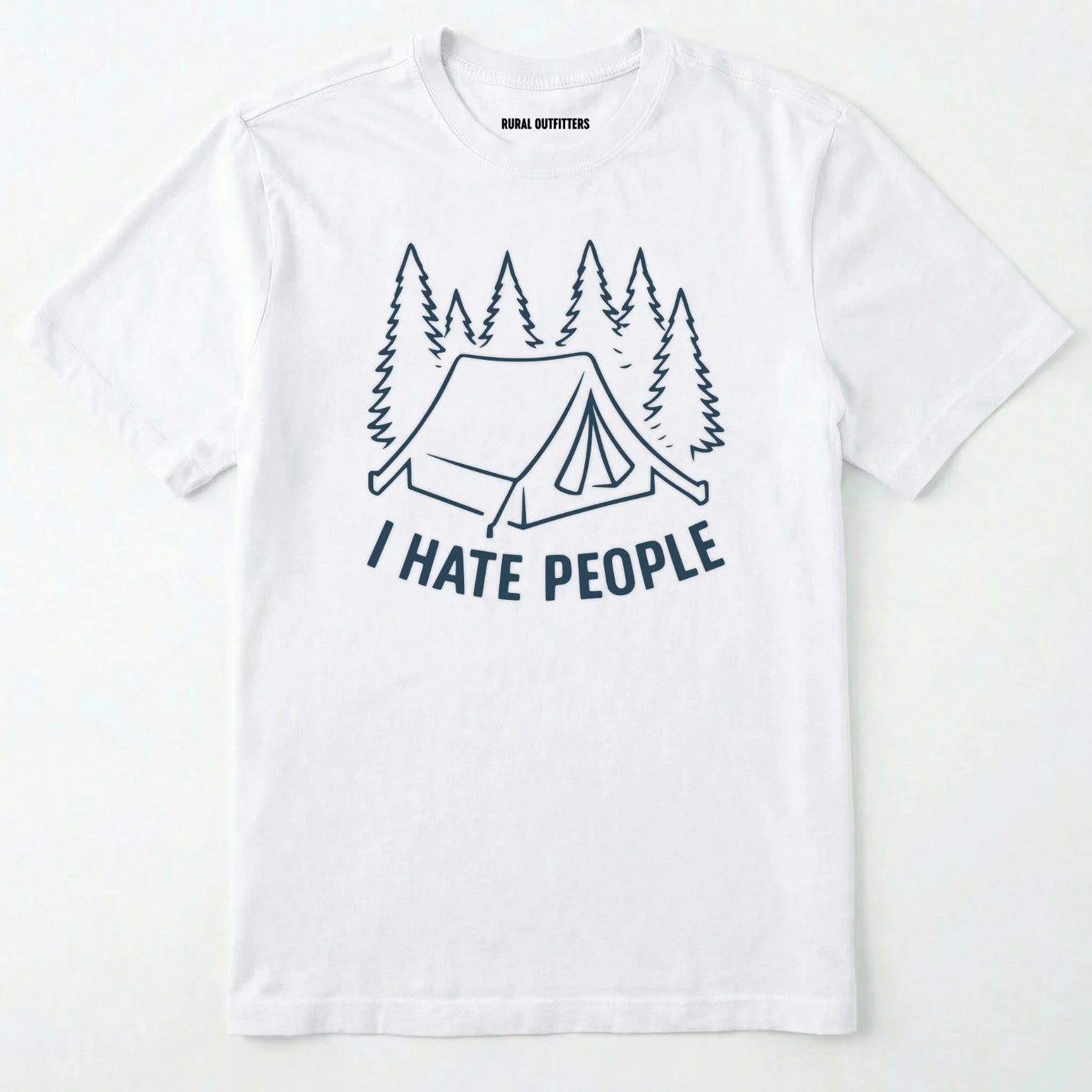 White i hate everybody t-shirt with tent and pine tree graphic on a white background.