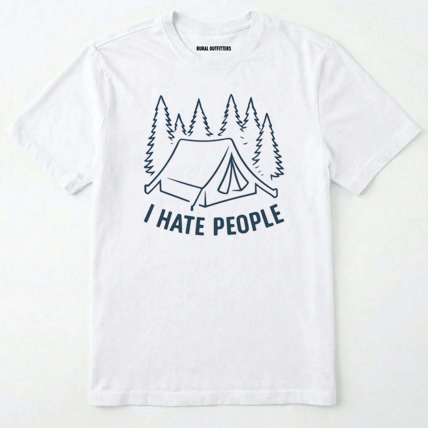 White i hate everybody t-shirt with tent and pine tree graphic on a white background.