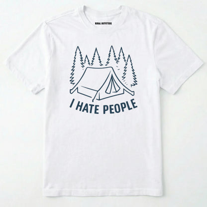 White i hate everybody t-shirt with tent and pine tree graphic on a white background.