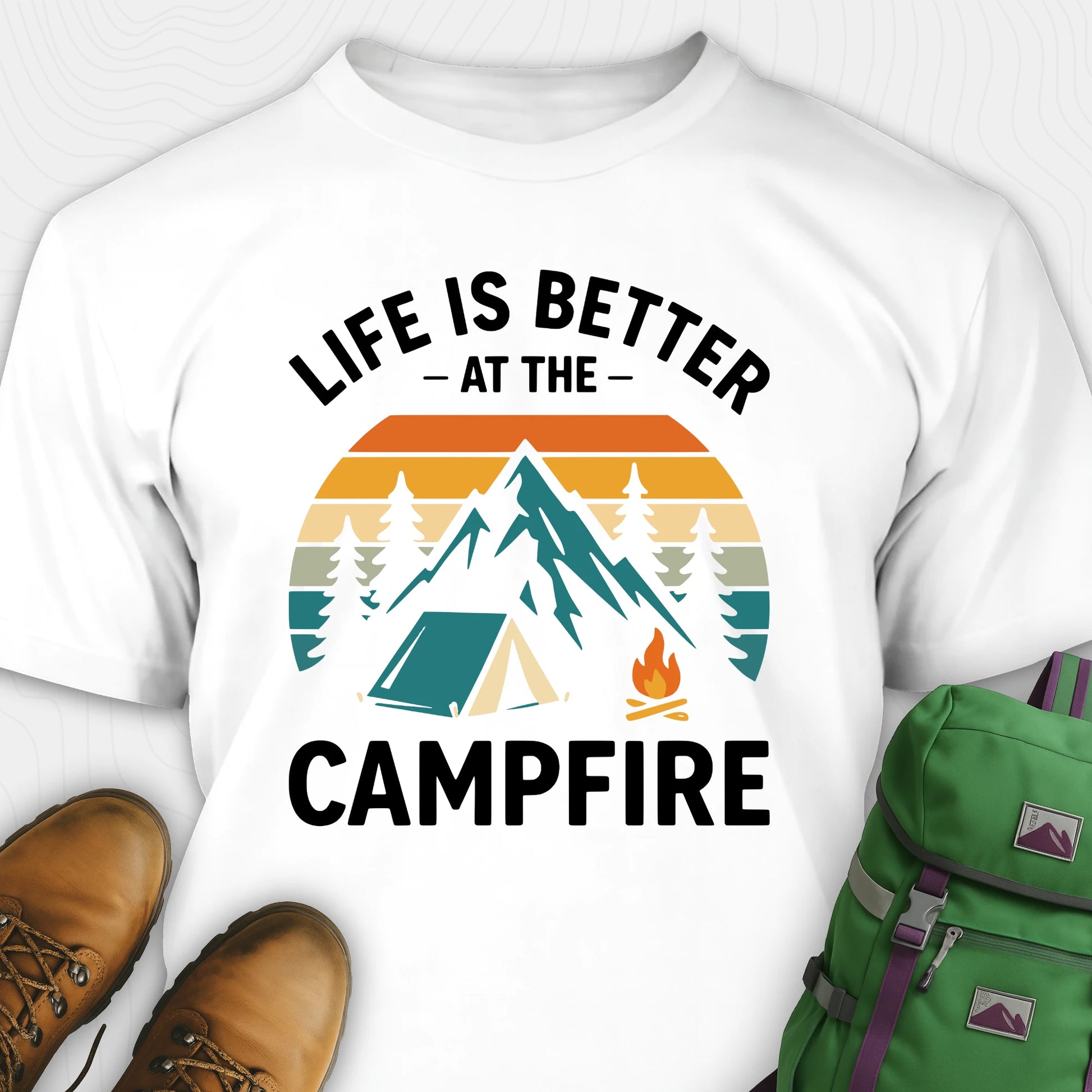 White life is better around the campfire shirt with tent, campfire, sunset and retro mountain graphic design