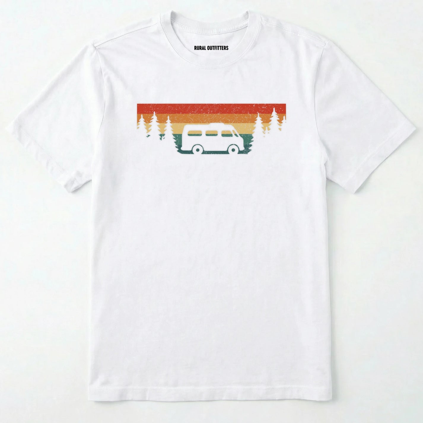 White retro camp shirt featuring forest silhouette and van design on a white background