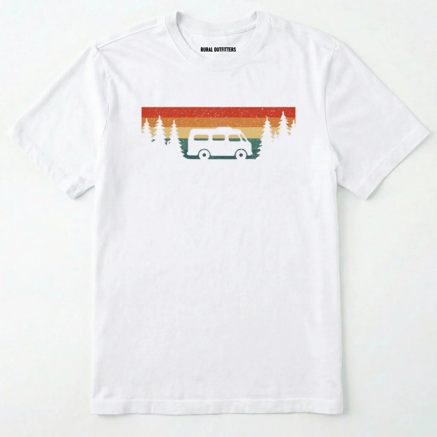 White retro camp shirt featuring forest silhouette and van design on a white background