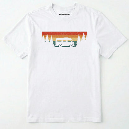 White retro camp shirt featuring forest silhouette and van design on a white background