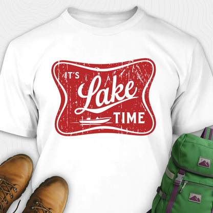 White lake t-shirt with retro “It’s Lake Time” graphic, featuring a red vintage lake badge design