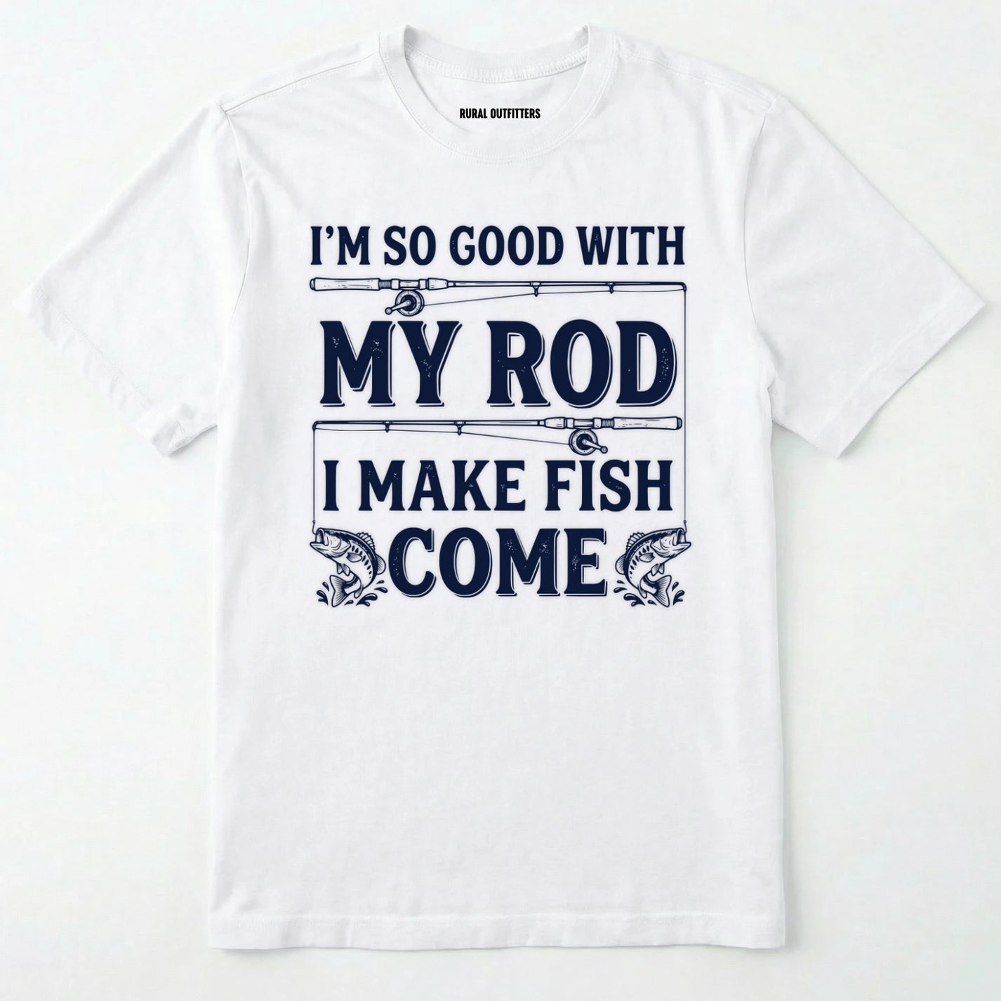 White t-shirt with fishing-themed text and graphics on a white background