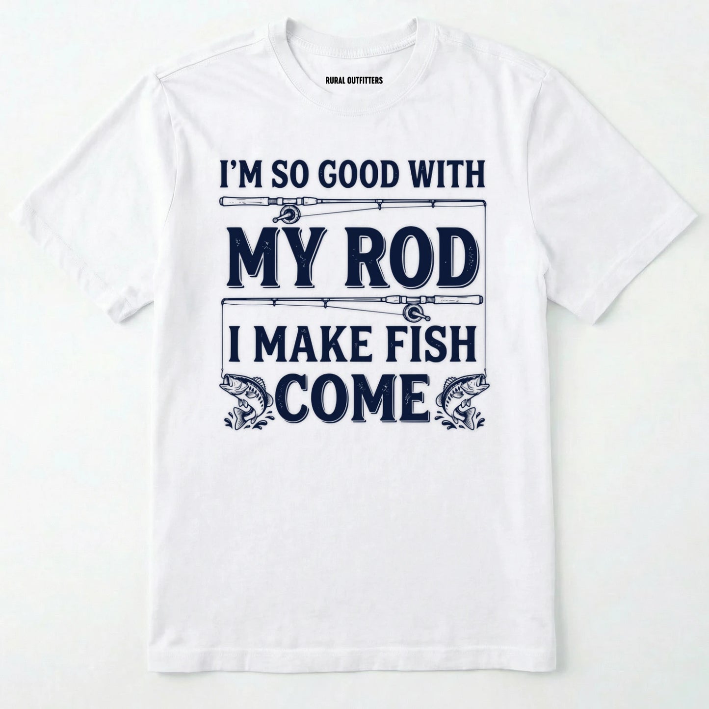 White t-shirt with fishing-themed text and graphics on a white background