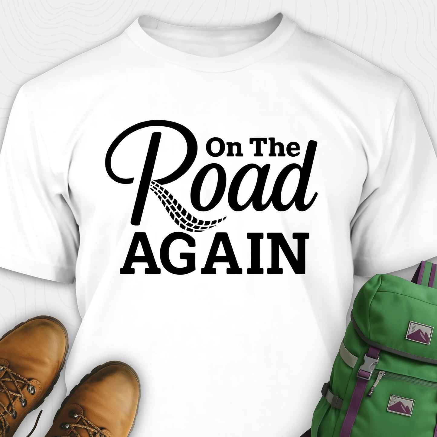 White road trip t-shirt with “on the road again” black text