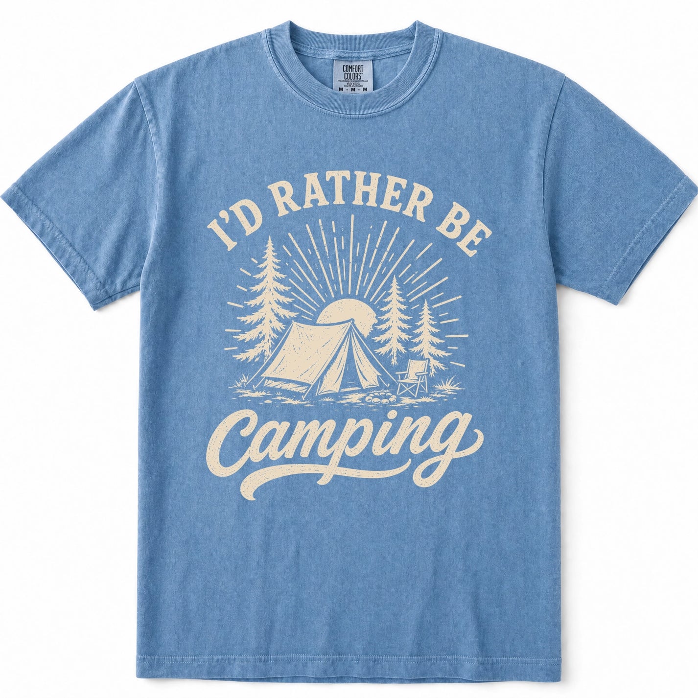 Blue Jean short-sleeve crewneck t-shirt with a vintage-style cream graphic on the front that reads 'I'D RATHER BE Camping' with a tent, trees, and sun illustration.
