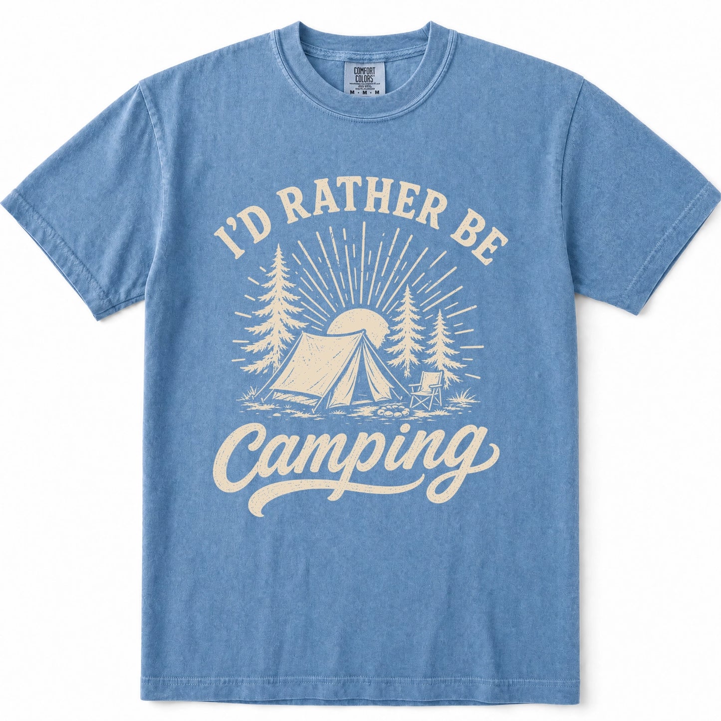 Blue Jean short-sleeve crewneck t-shirt with a vintage-style cream graphic on the front that reads 'I'D RATHER BE Camping' with a tent, trees, and sun illustration.