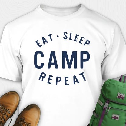 White eat sleep camp repeat t-shirt with bold text