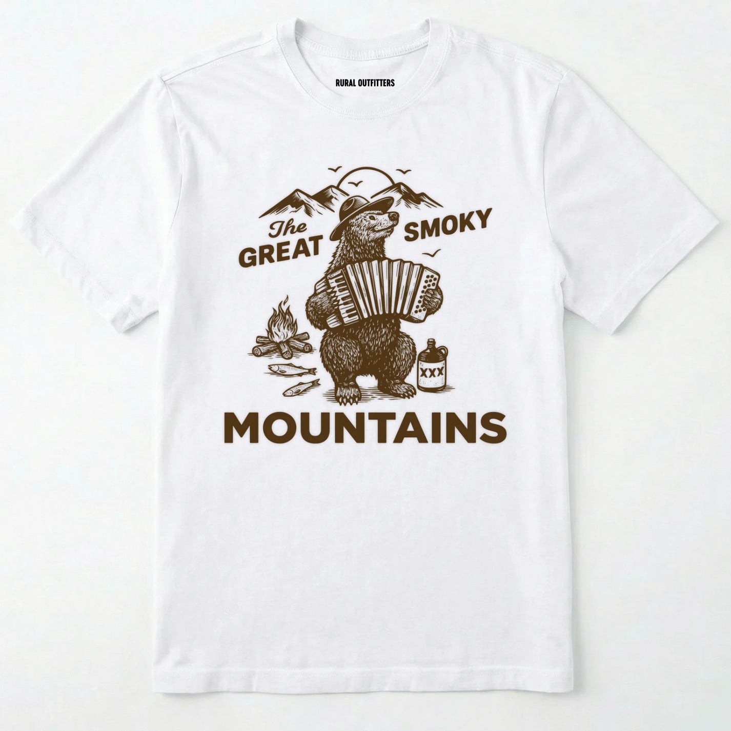 White the great smoky mountains t-shirt with smoky the bear playing the accordion graphic and text.