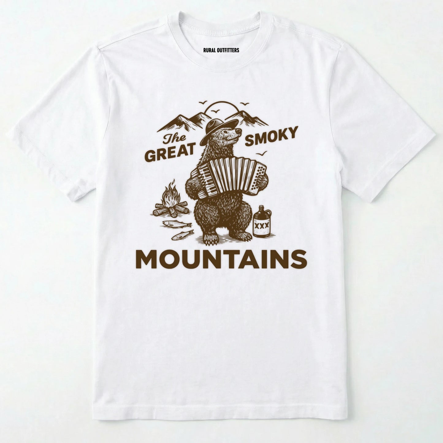 White the great smoky mountains t-shirt with smoky the bear playing the accordion graphic and text.