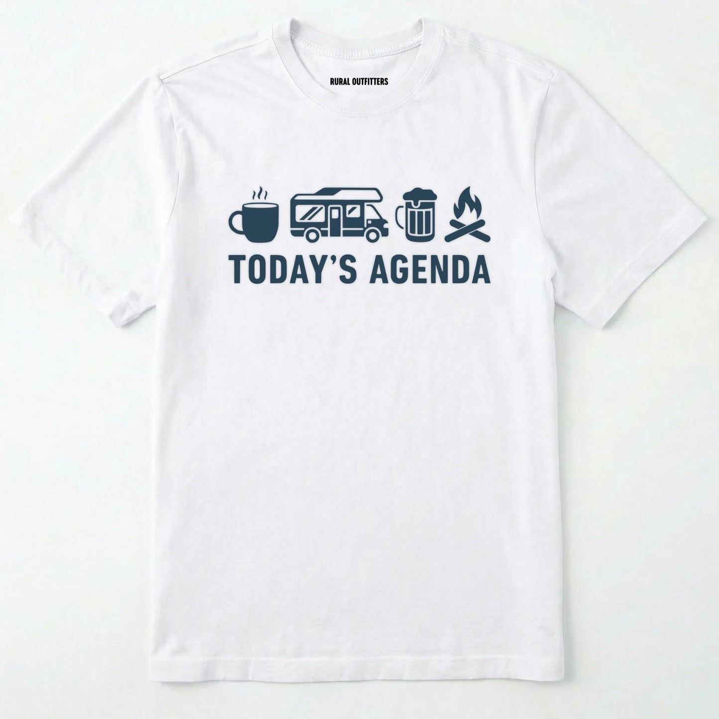 White rv life shirt with coffee, rv beer and campfire icons with 'today's agenda' text on a white background.