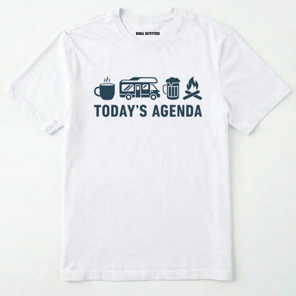 White rv life shirt with coffee, rv beer and campfire icons with 'today's agenda' text on a white background.