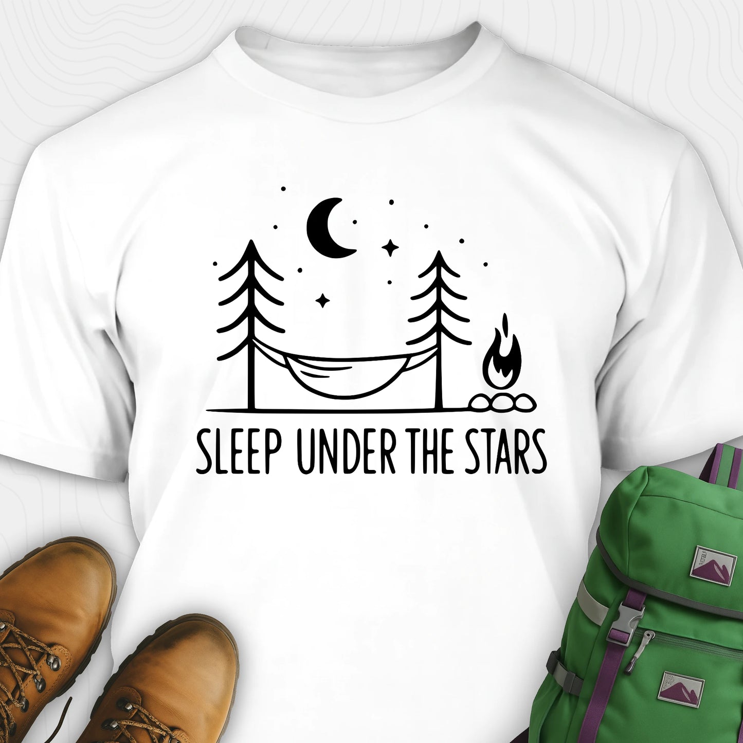 White night sky shirt with hammock moon stars and campfire design