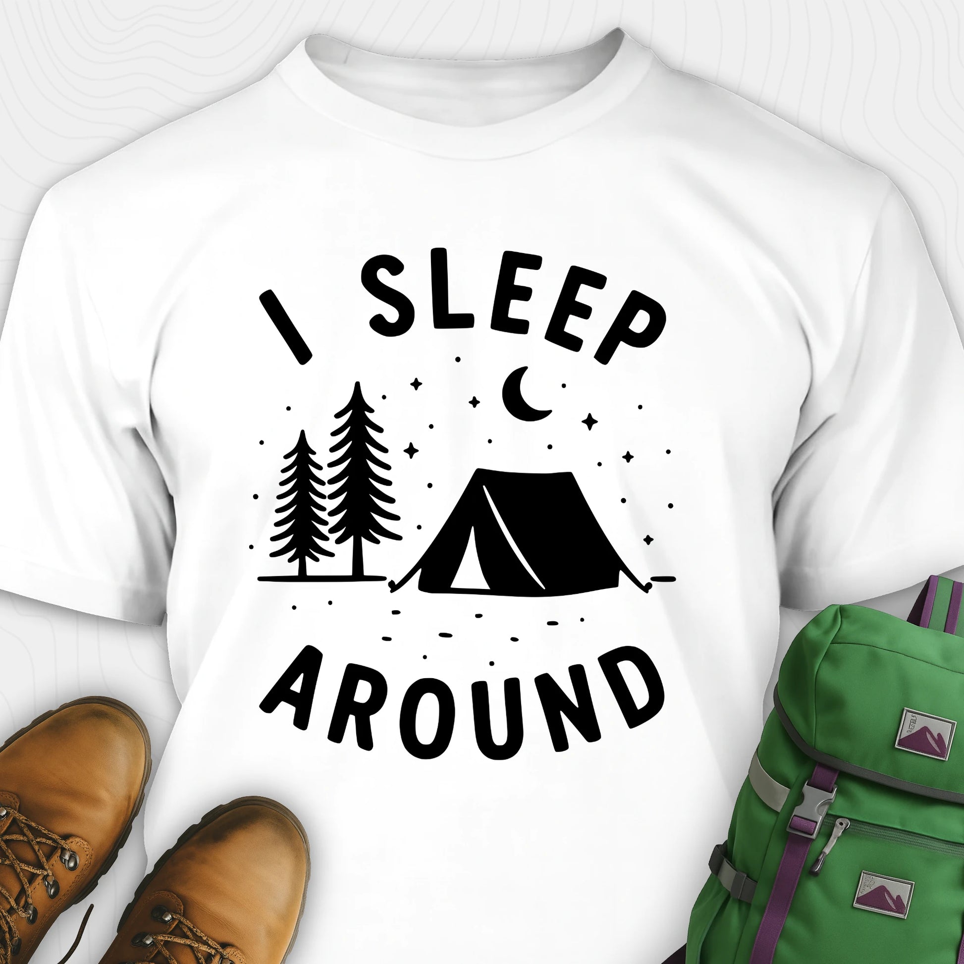 White I sleep around camping shirt with tent, pine trees, moon and stars design