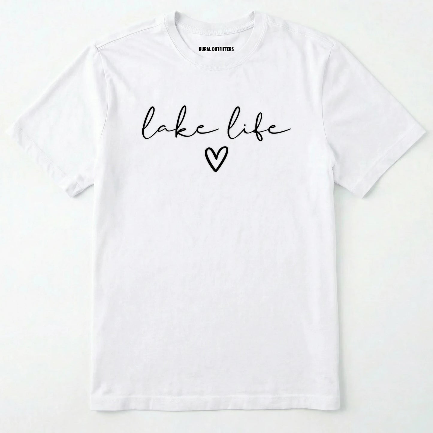 White lake life shirt with 'lake life' text and heart graphic.