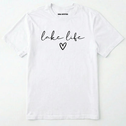 White lake life shirt with 'lake life' text and heart graphic.