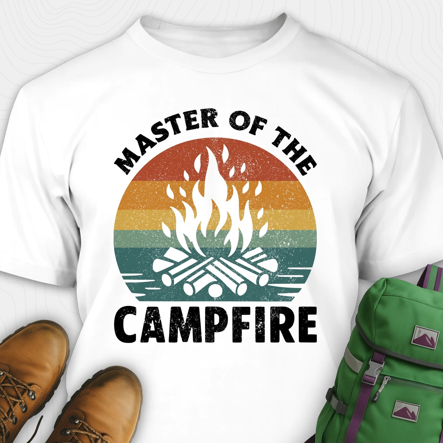 White master of the campfire t-shirt with retro sunset and flame graphic