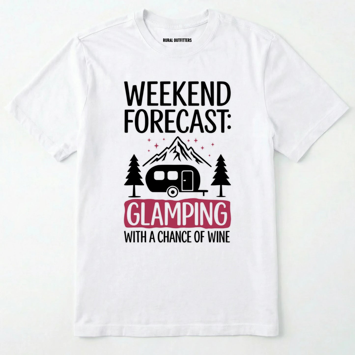 White glamping shirt with camping trailer and forest illustration on a white background.