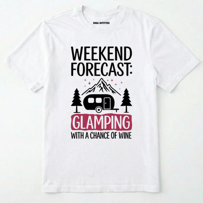 White glamping shirt with camping trailer and forest illustration on a white background.