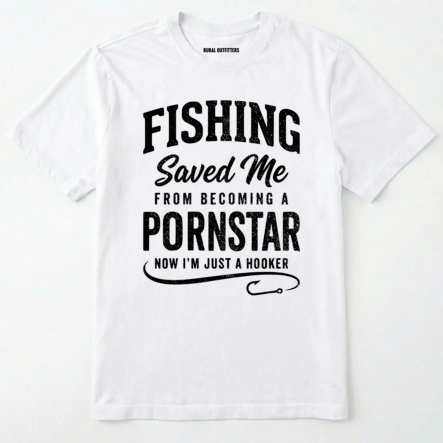 White t-shirt with black text on a white background