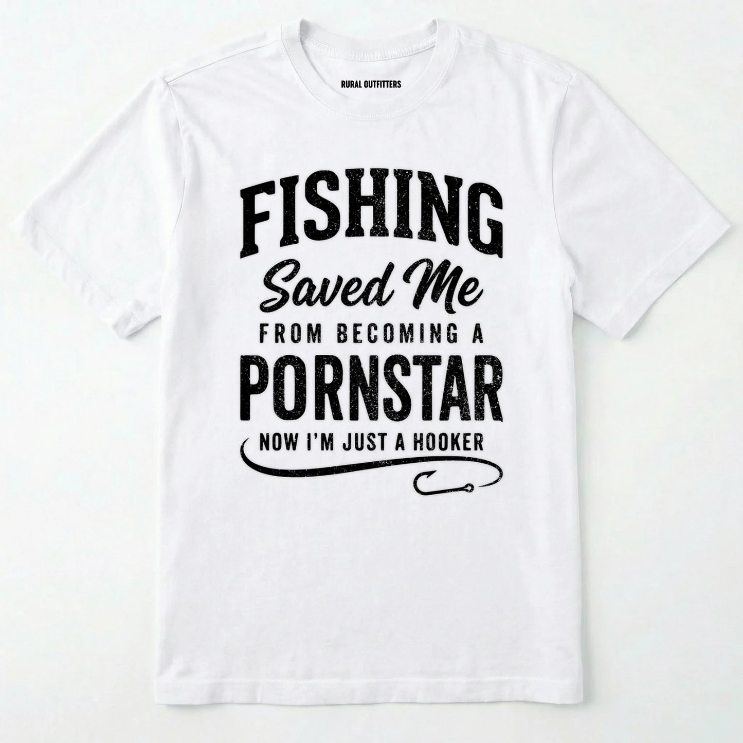 White t-shirt with black text on a white background
