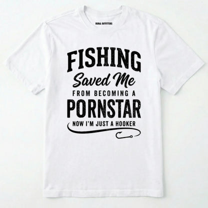 White t-shirt with black text on a white background