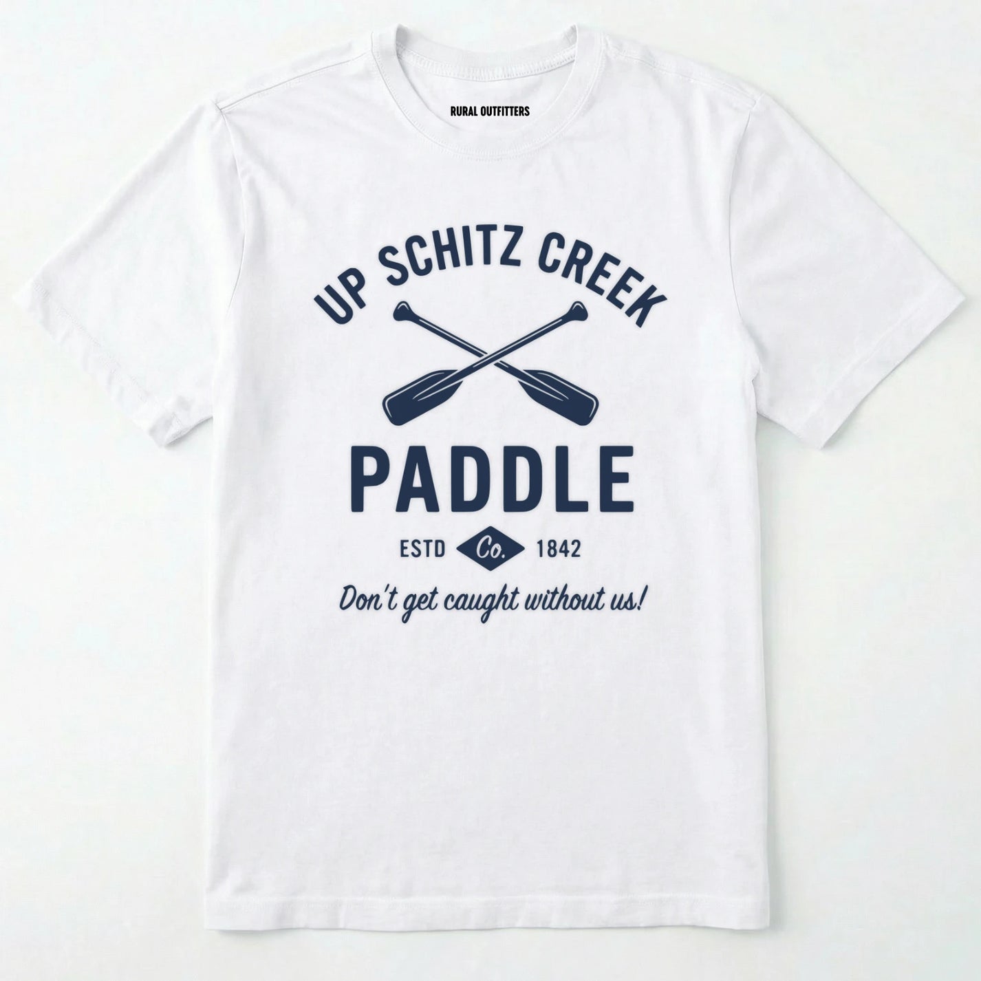 White t-shirt with black text and paddle graphic on a white background