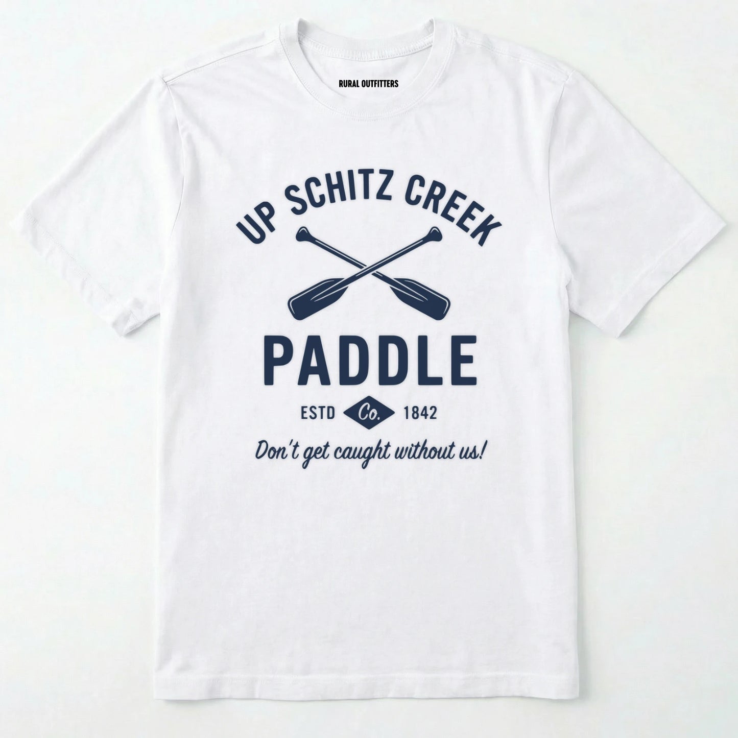 White t-shirt with black text and paddle graphic on a white background