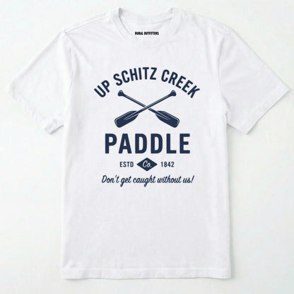 White t-shirt with black text and paddle graphic on a white background