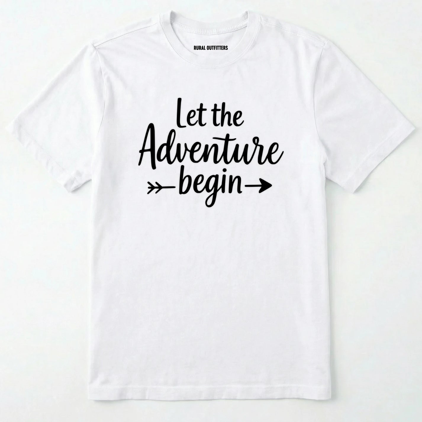 White let the adventure begin shirt with an inspirational quote design on a white background