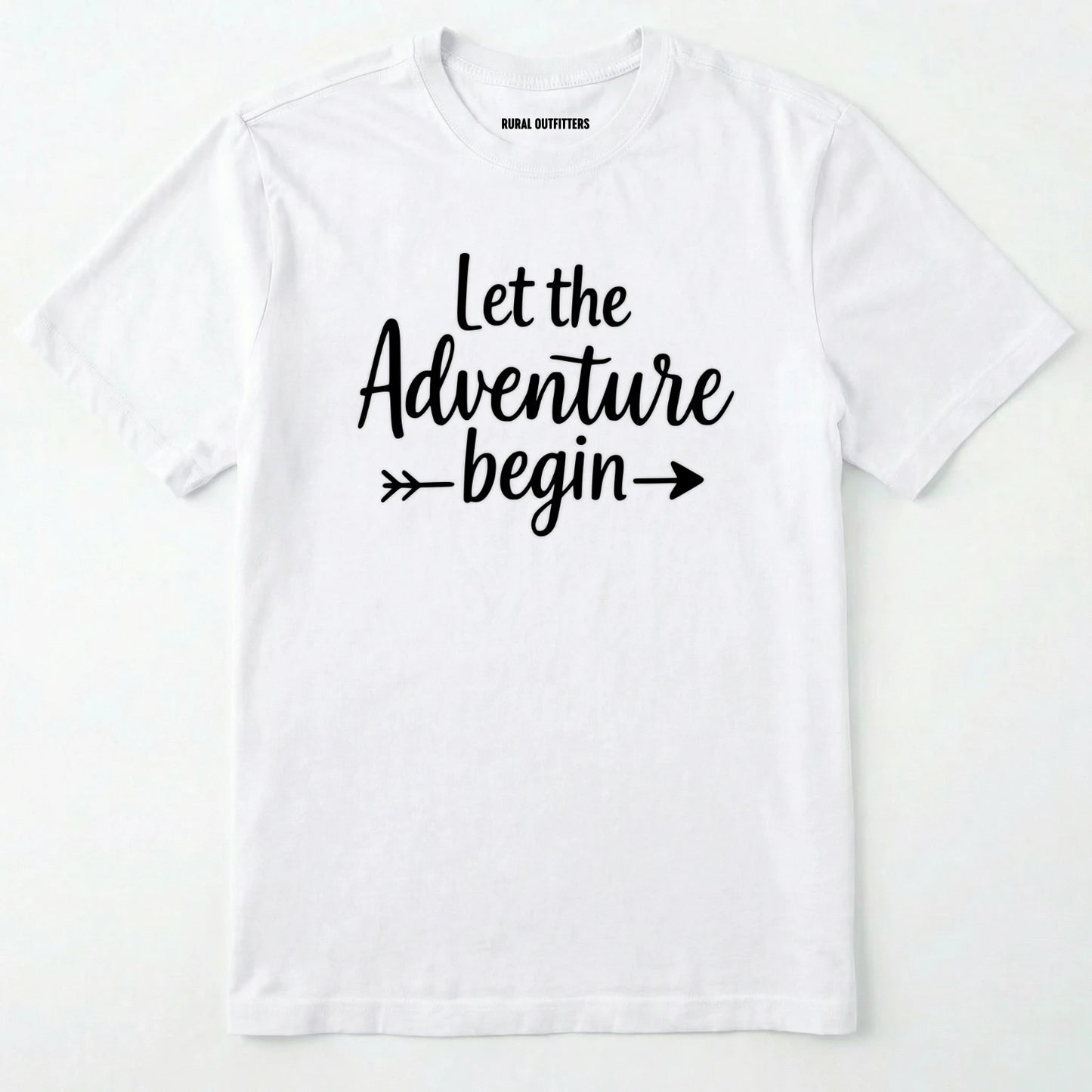 White let the adventure begin shirt with an inspirational quote design on a white background