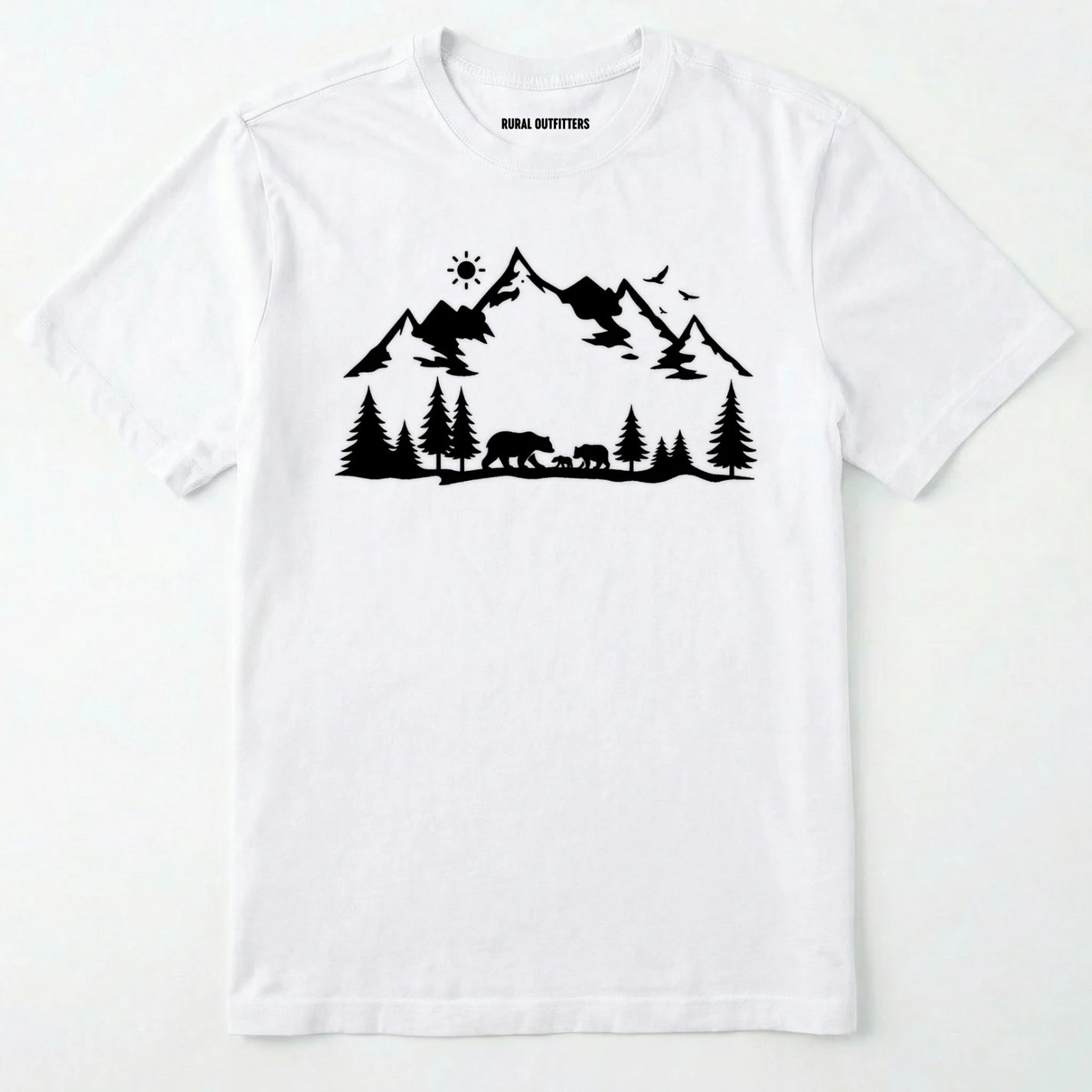 White wildlife t-shirt with white mountain and bear design, on a plain white background.