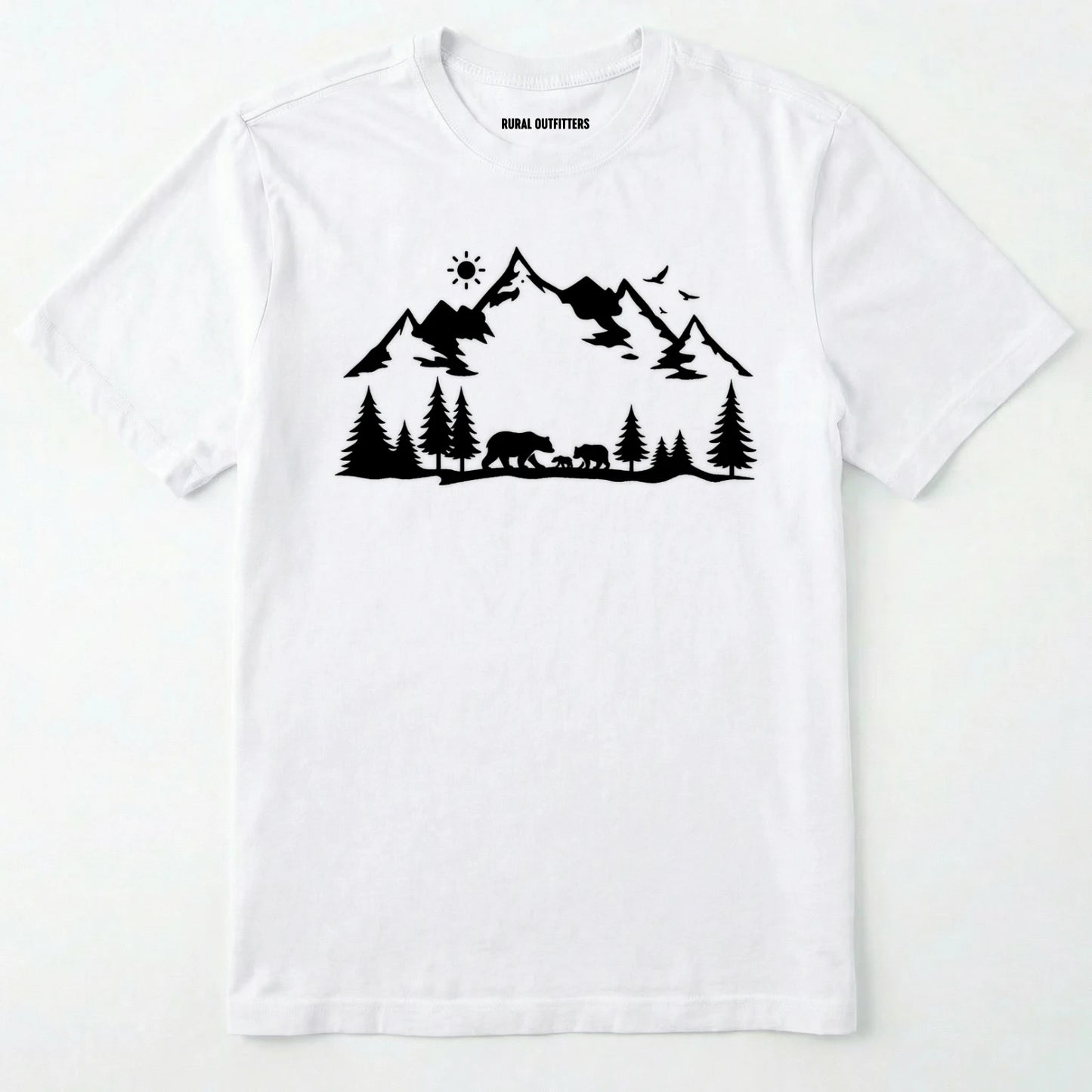 White wildlife t-shirt with white mountain and bear design, on a plain white background.