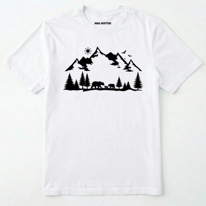 White wildlife t-shirt with white mountain and bear design, on a plain white background.
