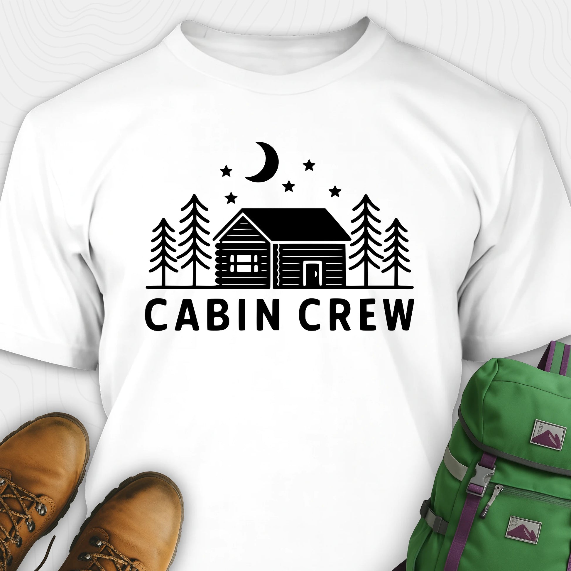 White cabin crew t-shirt with moon, pine trees and cabin design