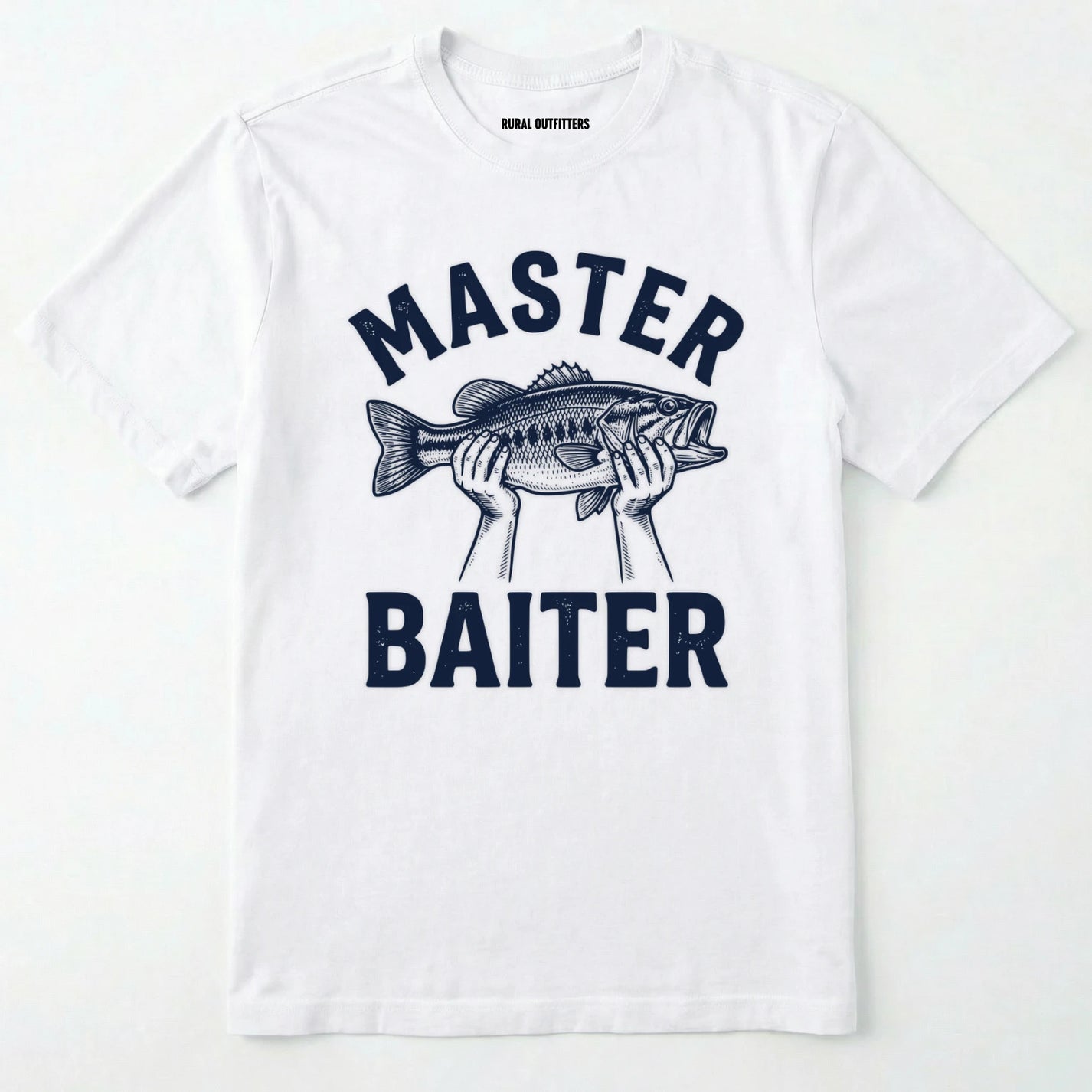 White t-shirt with 'master baiter' graphic and fish design on a white background