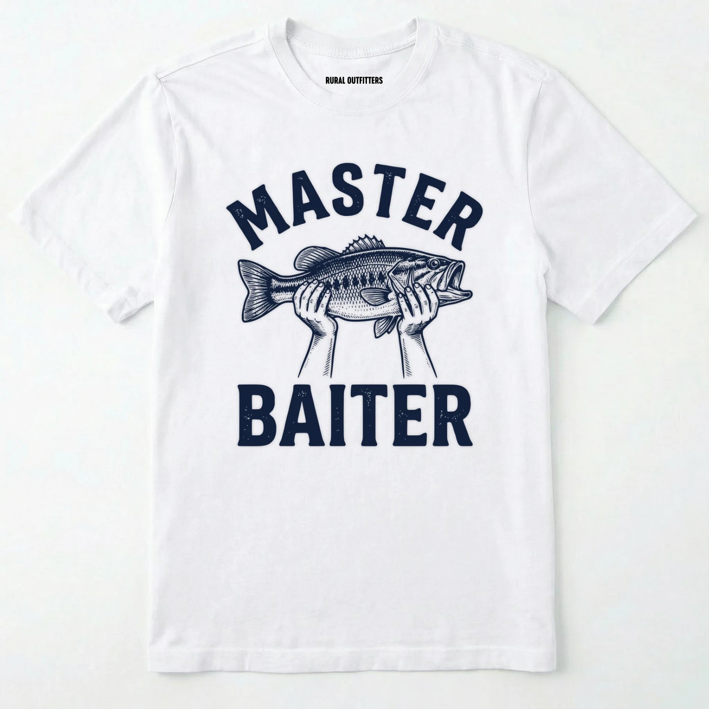 White t-shirt with 'master baiter' graphic and fish design on a white background