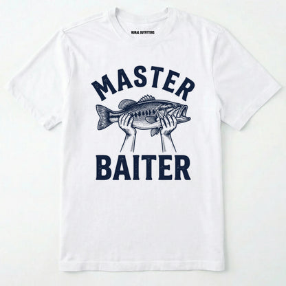 White t-shirt with 'master baiter' graphic and fish design on a white background