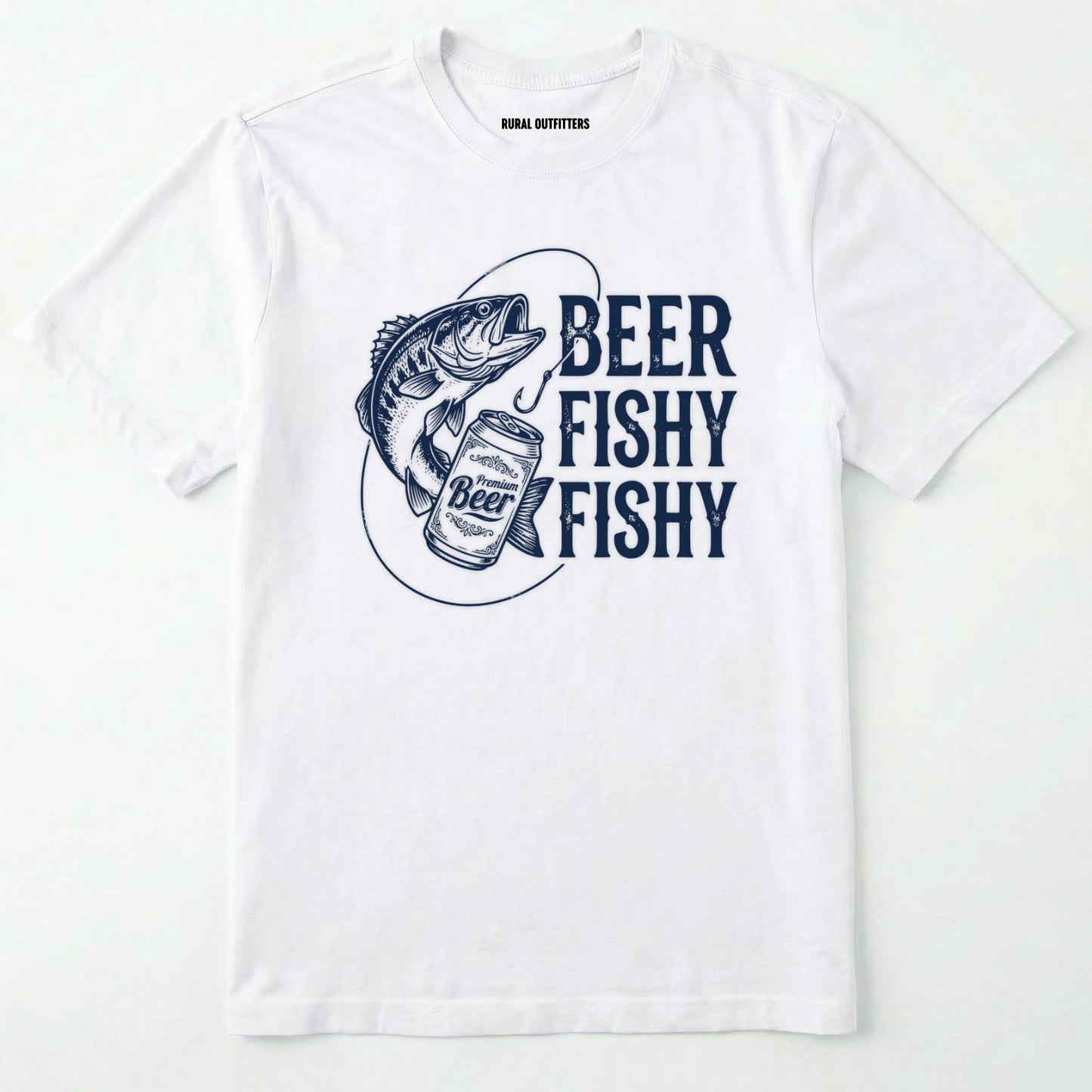 White t-shirt with a graphic of a fish holding a beer and text 'beer fishy fishy' on a white background.