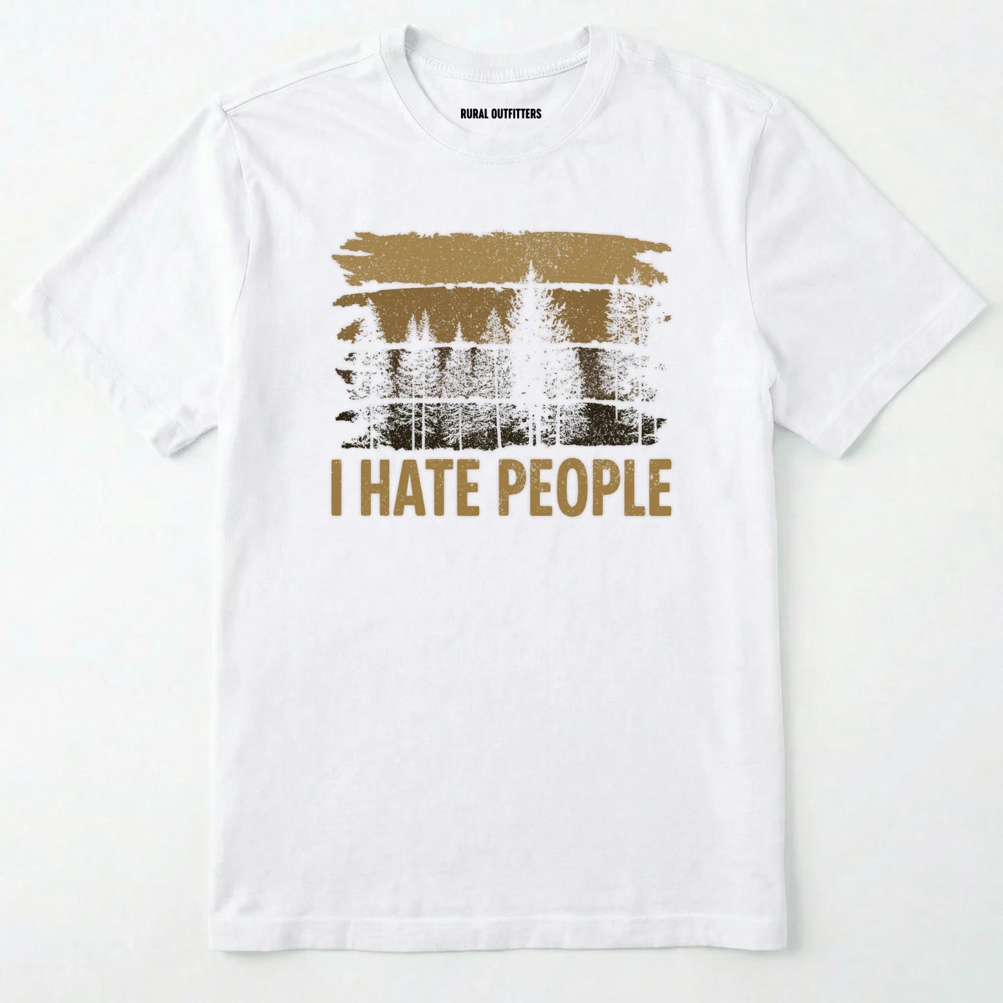 White i hate people t-shirt with a distressed forest graphic on a white background.