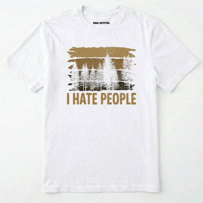 White i hate people t-shirt with a distressed forest graphic on a white background.