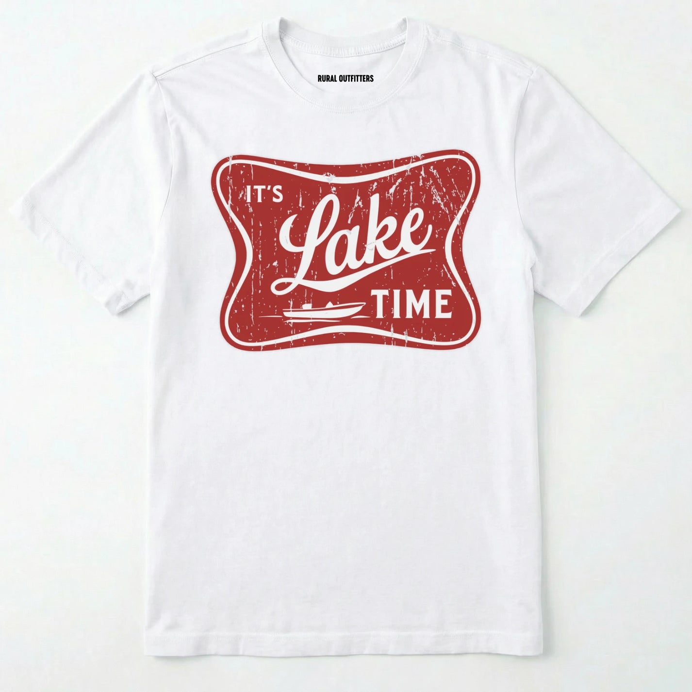 White lake t-shirt with retro ⊜it⊙s lake time⊝ graphic, featuring a red vintage lake badge design, nature-themed on a white background.