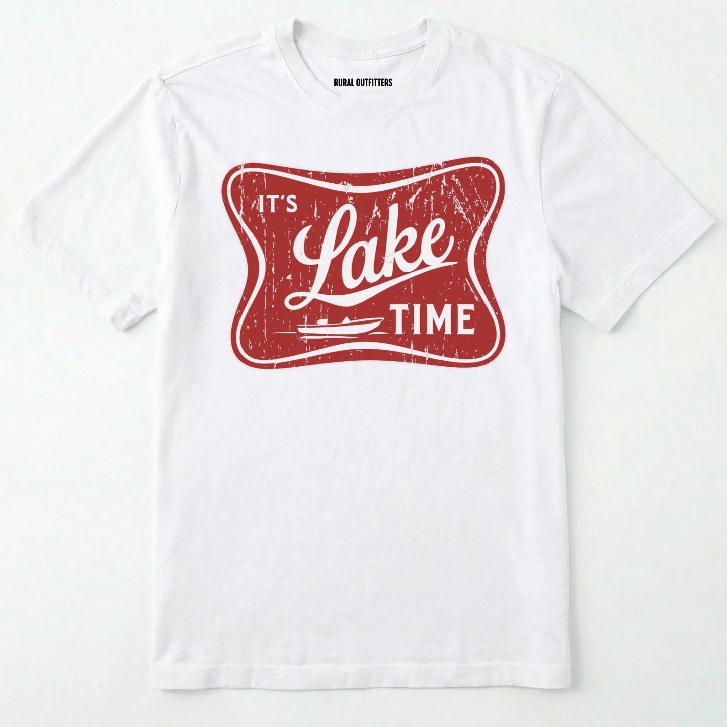 White lake t-shirt with retro ⊜it⊙s lake time⊝ graphic, featuring a red vintage lake badge design, nature-themed on a white background.